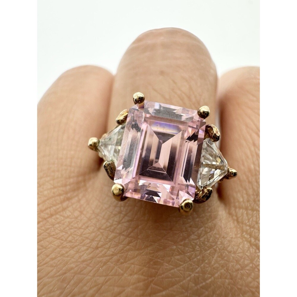 18k Gold Electroplated Emerald Cut Pink CZ Cocktail Ring Size 8.25